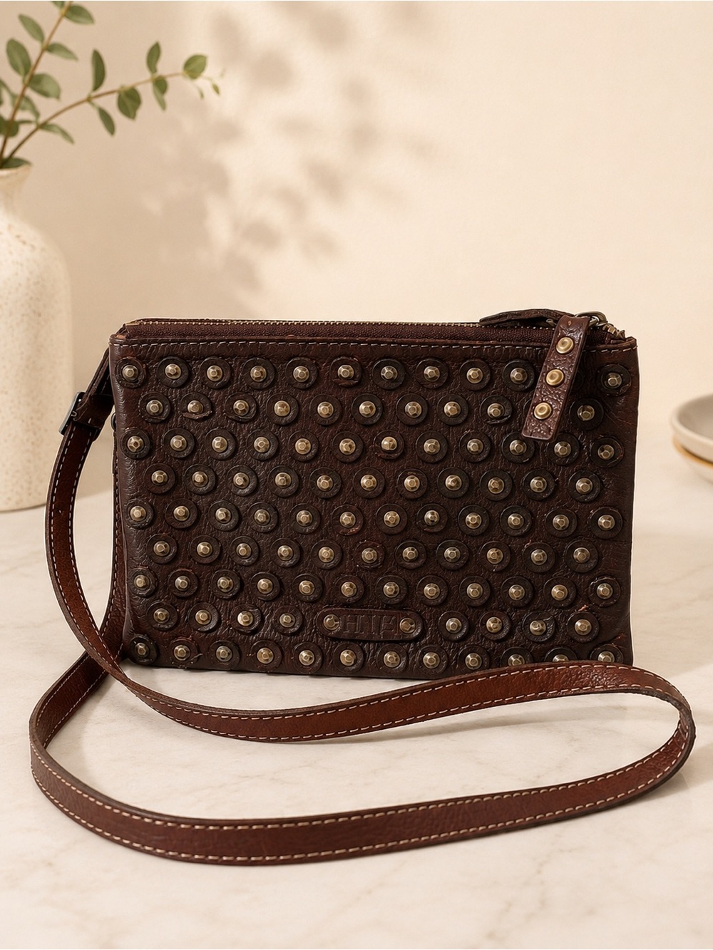Frye Brown Studded Leather Crossbody Bag